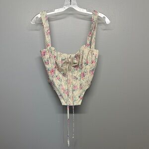 Floral Lace-Up Cottagecore Peasant Summer Coastal Corset Cream with Pink Roses